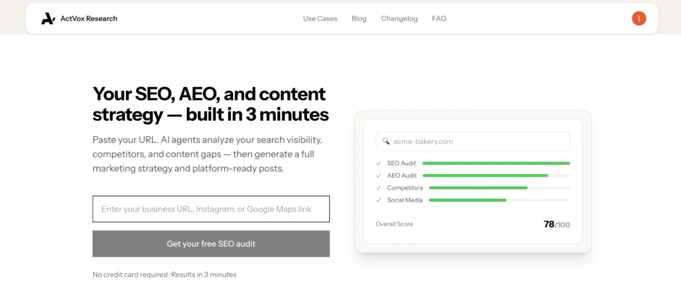 ActVox Research dashboard — paste a URL to get SEO, AEO, competitor, and social media audit scores