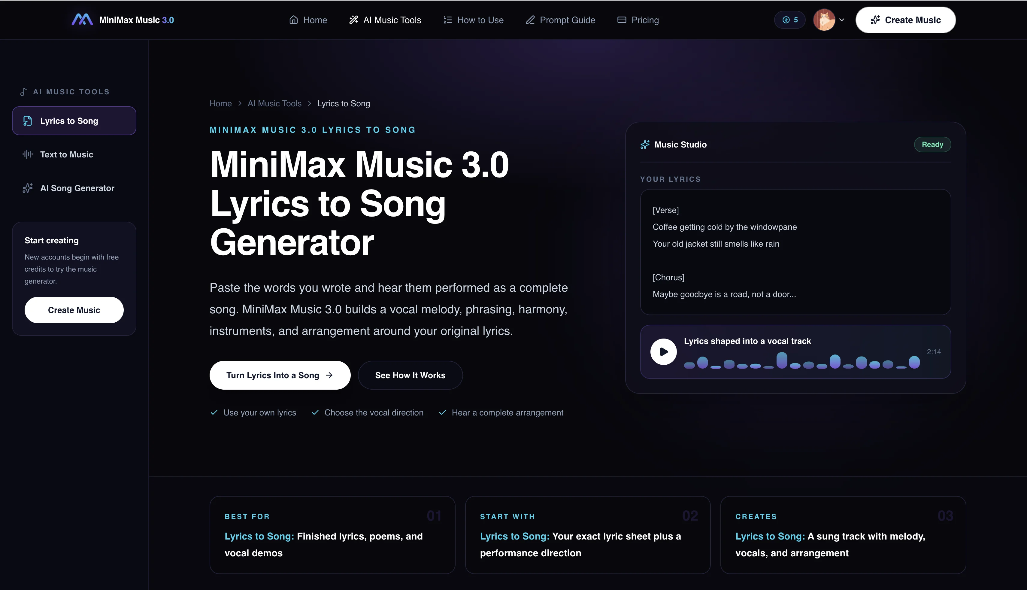MiniMax Music 3.0 — Lyrics to Song Generator interface