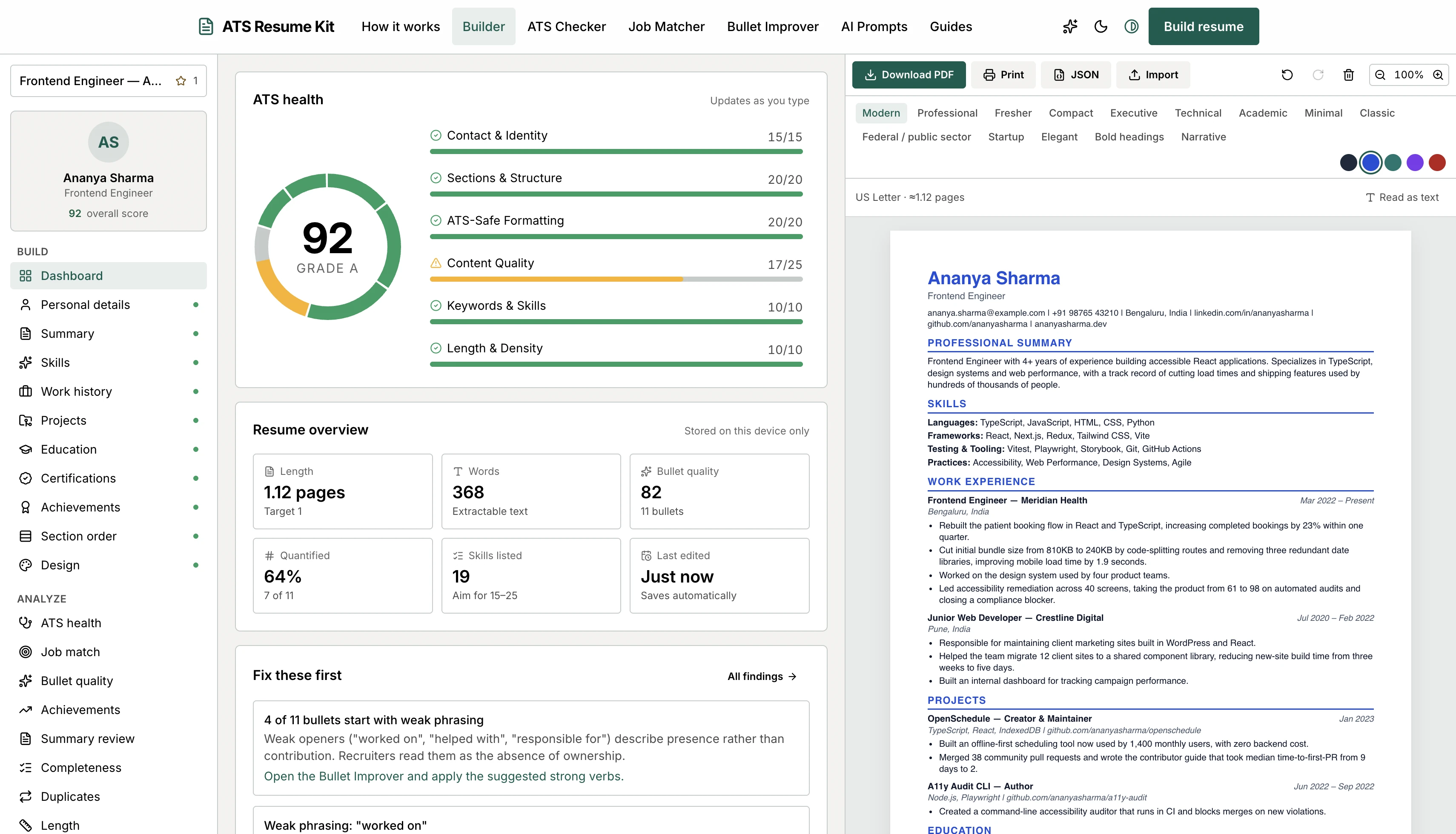 ATS Resume Kit interface showing the health checker and analysis tools