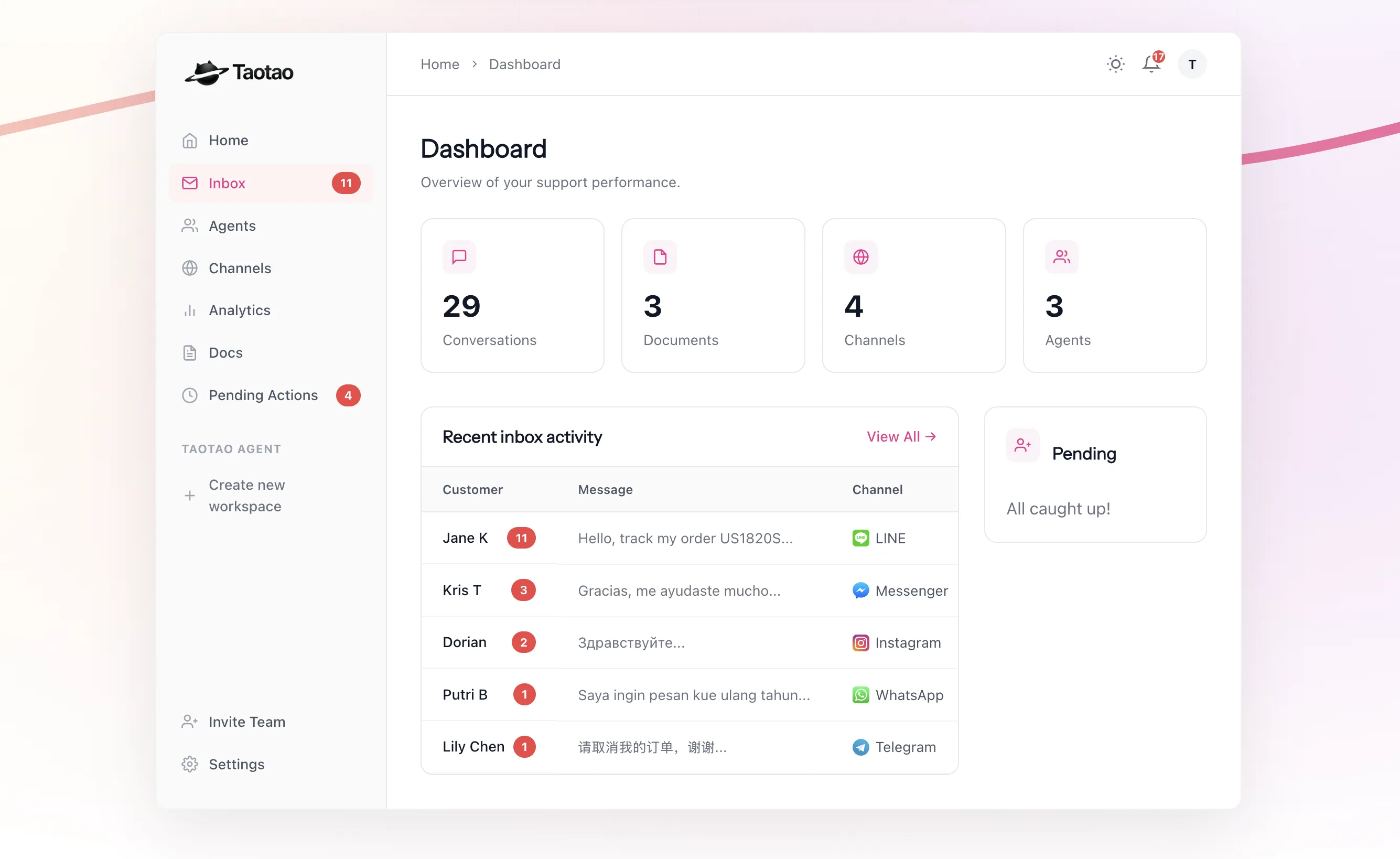 Taotao AI support agent answering customer messages across messaging channels