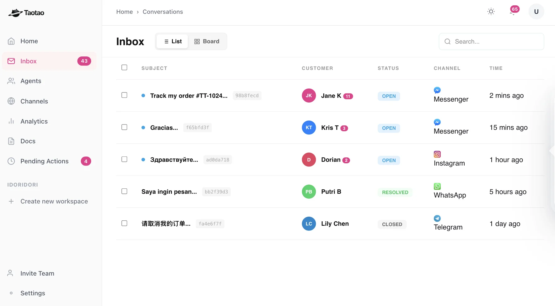 Taotao unified inbox showing customer conversations across Messenger, Instagram, WhatsApp, and Telegram