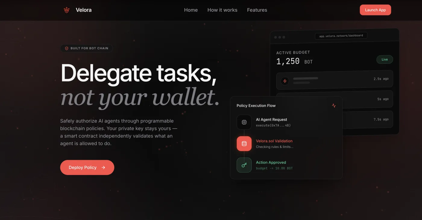 Velora — programmable policy layer for AI agents on BOT Chain